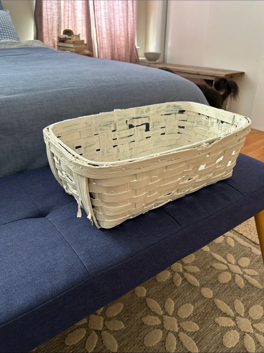 Vintage woven wood Storage Basket in White